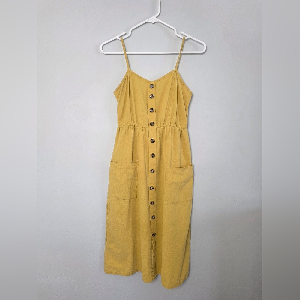 Mustard Yellow Midi Dress Small | Linen Blend | Spaghetti Strap | Button Front |